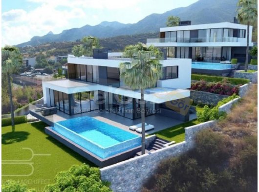 Girne Bellapais'te satılık özel bahçeli ve teraslı, yüzme havuzlu, modern mimarili 4+1 süper lüks villalar
