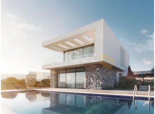 3 yatak odalı çağdaş villalar + 8m x 4m yüzme havuzu + ankastre mutfak + yerden gaz yakıtlı merkezi ısıtma + granit tezgah + klima + denize yürüme mesafesinde