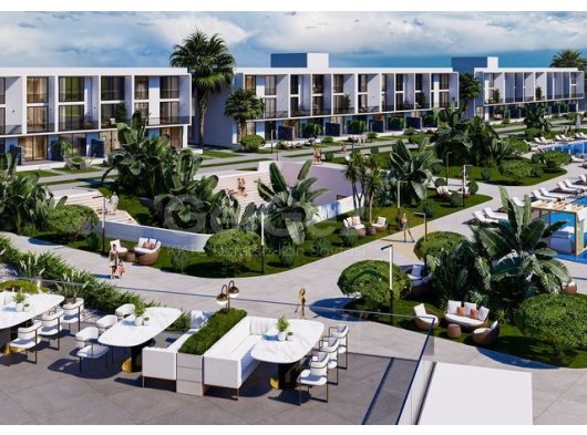 1 yatak odalı dubleks satılık daire + yüzme havuzu + spor salonu + spa + aqua park + plaja 400m + 24 saat güvenlik