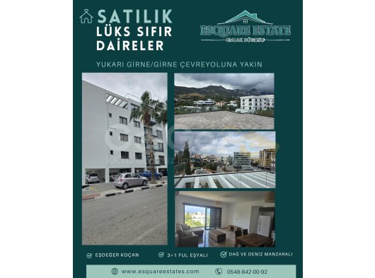 YUKARI GİRNEDE, GİRNE ÇEVREYOLUNA YAKIN, SATILIK FUL EŞYALI LÜKS 3+1 SIFIR DAİRELER +1 ADET TİCARİ DAİRE!!!