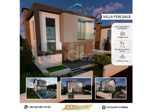 KYRENIA, CATALKOY – MUHTEŞEM MANZARALI VE SONSUZ HAVUZU OLAN YENİ MODERN 3+1 VİLLA