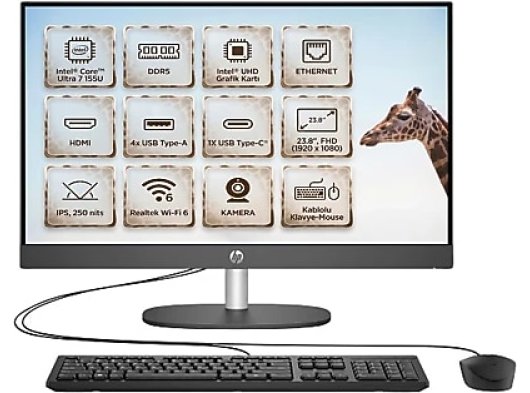 HP ProOne 240 G10 D21FRET -1623.8'' Ultra 7-155U 8GB 512GB DOS -Siyah AIO
