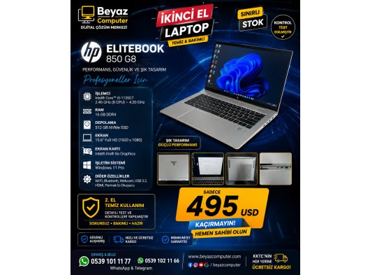 2.EL HP EliteBook 850 G8 15.6" Dizüstü Bilgisayar, Intel i5 1145G7 2.6GHz, 16GB DDR4 RAM, 512GB NVMe M.2 SSD, 1080p Full HD, Thunderbolt 4, Web Kamerası, W