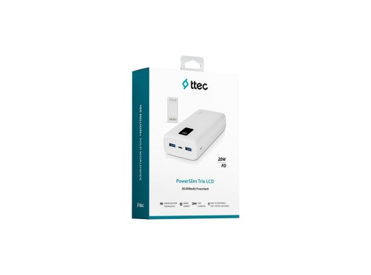Ttec PowerSlim Trio LCD 20.000mAh PD 22,5W Dahili Kablolu Taşınabilir Şarj Aleti / Powerbank
