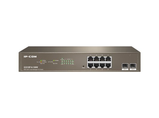 IP-Com G3310P 8 Port Gigabit + 2x1GB SFP Uplink L2/Cloud Yönetilebilir Rack 130W Poe Switch
