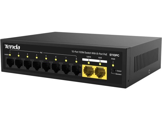 Tenda 10 Port 8 Port PoE+ 10-100 Mbps 2 Port Uplink Çelik Kasa Switch